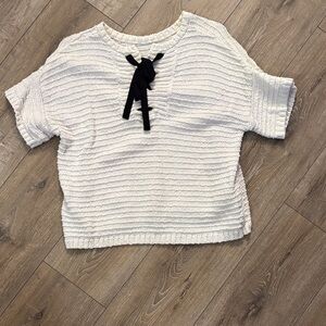 Madewell Cream Knit Short Sleeve Sweater with Black Ribbon Accent